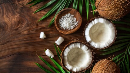 Fresh coconut halves with tropical leaves on a wooden surface