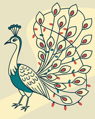 Fototapeta premium Peacock Illustration: A vibrant peacock with its tail feathers spread in a beautiful illustration. The peacock is drawn in a modern, abstract style with a simple background.