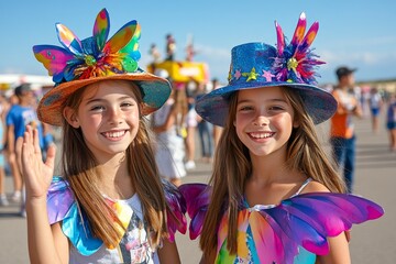  Dos niñas sonriendo con disfraces de colores brillantes y sombreros adornados en un desfile de carnaval. 