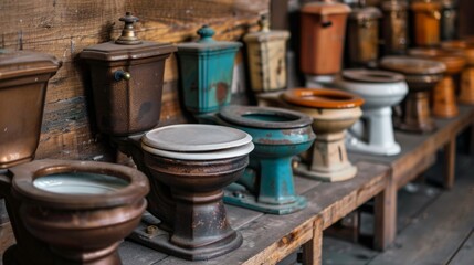 Collection of vintage toilets in a rustic interior display