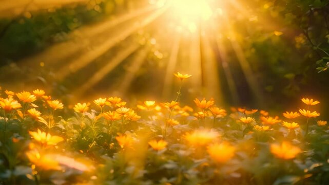Close-up of yellow buttercup flowers in a field with sun rays shining through the trees