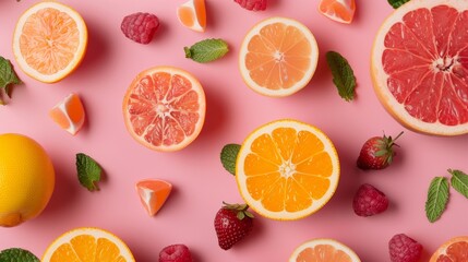 Colorful flat lay of citrus fruits, berries, and mint leaves