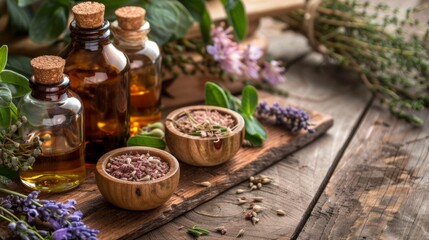 Natural essential oils and dried herbs on a rustic table
