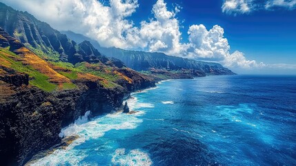 Breathtaking Coastal Landscape with Lush Green Mountains and Vibrant Blue Ocean Under Dramatic Cloudy Sky in a Tropical Paradise