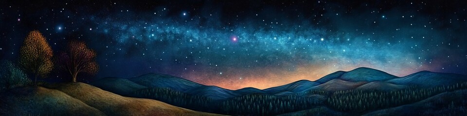 Fototapeta premium A serene night sky filled with stars over rolling hills and silhouetted trees, evoking a sense of wonder, perfect for cover banner or header