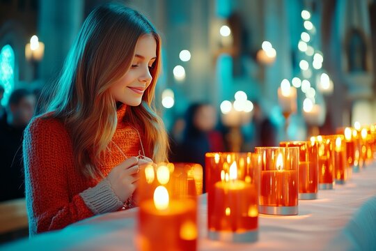  Una joven rezando frente a una fila de velas encendidas dentro de una iglesia iluminada.
