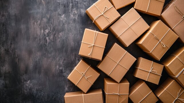 Stack of brown cardboard boxes tied with string on dark surface