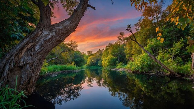 Vista natural de lago sereno con &aacute;rboles verdes y cielo naranja con nubes, ideal para fondos y proyectos gr&aacute;ficos