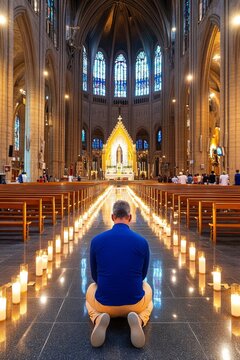  Un hombre rezando de rodillas en una iglesia con velas encendidas a lo largo del pasillo principal.
