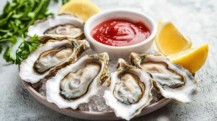 Freshly Shucked Oysters Served on Ice with Lemon Wedges and Tangy Cocktail Sauce for a Seafood Feast Experience