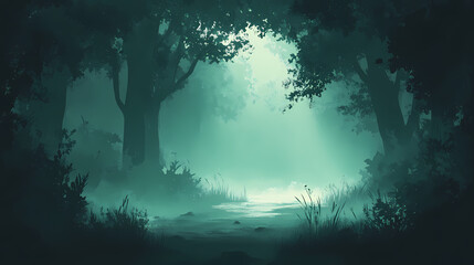 Fototapeta premium Spooky fog rolling through a dark forest, obscuring the path ahead, mysterious, cool tones, atmospheric. Obscure. Illustration