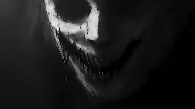 Sinister grin in shadowy darkness, eerie smiling face obscured by shadows, creepy smile in low light, haunting smile emerging from darkness, unsettling face in black and white. Obscure. Illustration