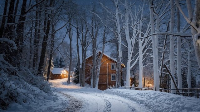 Noche de invierno nevada con casa iluminada con &aacute;rboles y camino de nieve, destacando la tranquilidad del paisaje
