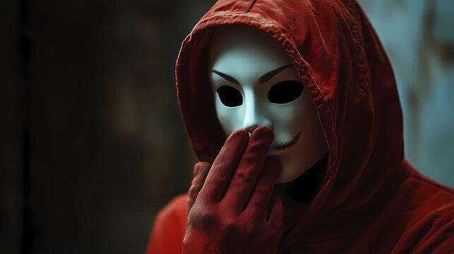 Surreal scene of a man in dark covering his face with fake mask, concept of pretending, hiding personality, social rule, dual personality, anti social. Obscure. Illustration