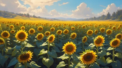 Fototapeta premium Field with sunflowers at sunny summer day. Illustration