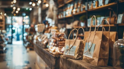 Cozy small shop interior with blurred shelves and products