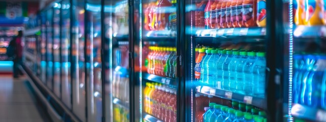 Refrigerated beverage section in a supermarket with neon lighting