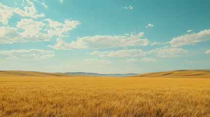 Fototapeta premium Expansive Golden Wheat Field Under a Clear Blue Sky with Fluffy White Clouds and Rolling Hills in the Background During a Sunny Day