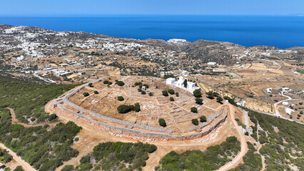 Aerial drone photo of archaeological site of the Mycenaean Citadel and chapel of Agios Andreas...