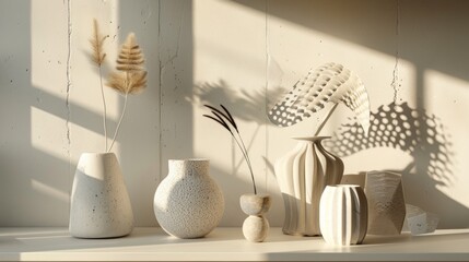 Minimalist ceramic vases with dried grasses in soft sunlight