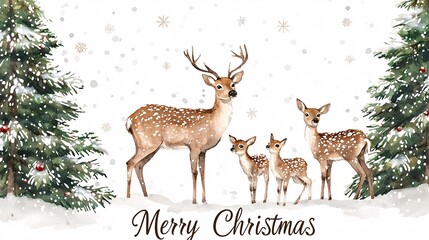 A family of deer in the snow, surrounded by pine trees and falling snowflakes, with "Merry Christmas" written at the bottom in elegant script. Watercolor illustration style, 