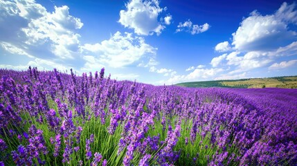Expansive Lavender Field Under Bright Blue Sky with Fluffy White Clouds, Showcasing Nature's Beauty and Vibrant Colors in a Serene Landscape