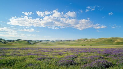 Obraz premium Expansive Landscape of Purple Wildflowers Under a Bright Blue Sky with Rolling Hills and Fluffy Clouds in a Serene Natural Environment