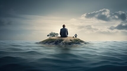 Solitude on a Tiny Island: A Man Contemplates Life's Uncertainties Amidst the Vastness of the Ocean.