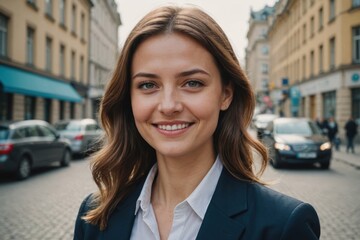 Fototapeta premium Close portrait of a smiling young Ukrainian businesswoman looking at the camera, Ukrainian big city outdoors blurred background