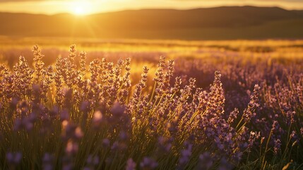Gorgeous Lavender Field Under a Golden Sunset, Capturing the Essence of Natural Beauty and Tranquility in a Serene Landscape