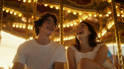 Fototapeta premium Joyful Couple Laughing on Illuminated Carousel Ride