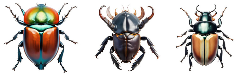 Collection of various beetles isolated on transparent background.