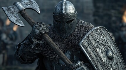 Armored Warrior in Medieval Battle Gear Holding an Axe and Shield, Showcasing Intricate Details of Armor and Expression of Strength and Valor, Captured in a Dramatic Setting
