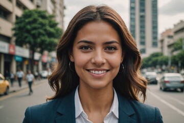 Fototapeta premium Close portrait of a smiling young Venezuelan businesswoman looking at the camera, Venezuelan big city outdoors blurred background