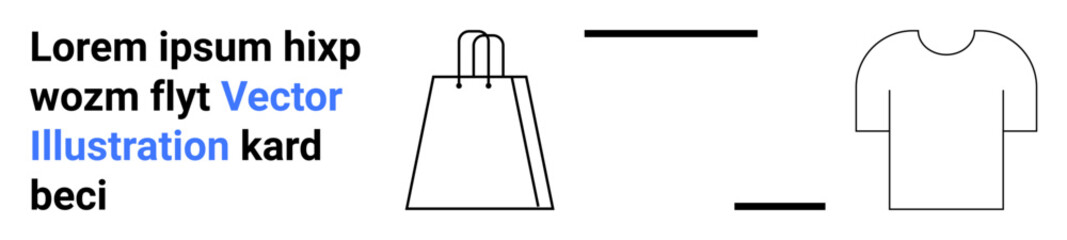 Shopping bag next to minimal text in blue and black. Simple t-shirt outline on the right with two horizontal lines. Ideal for online shopping, retail, e-commerce, fashion, minimal design, website