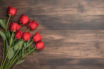 Un ramo de rosas rojas dispuesto sobre una superficie de madera oscura, con espacio vacío a la derecha. Ideal para temáticas románticas o de San Valentín.
