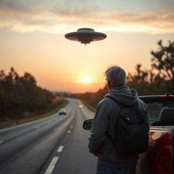 Hombre parado en una carretera junto a su coche observando un ovni que vuela al atardecer