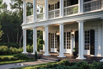Fototapeta premium Traditional American colonial house with front porch and garden.
