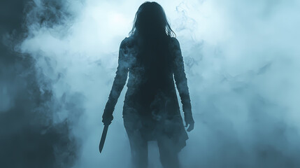Obraz premium Mysterious figure holding a knife in a foggy atmosphere, evoking a sense of suspense and danger. perfect for thriller or horror themes. Obscure. Illustration