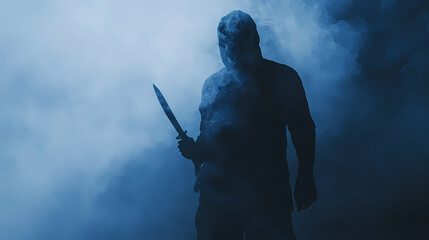 Fototapeta premium Mysterious figure holding a knife in a foggy atmosphere, evoking a sense of suspense and danger. perfect for thriller or horror themes. Obscure. Illustration