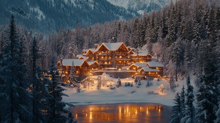 Illuminated Wooden Lodge in a Snowy Forest by a Frozen Lake
