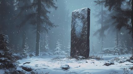 Mysterious monolith in a snowy forest. Obscure. Illustration