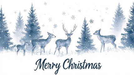 A family of deer in the snow, surrounded by pine trees and falling snowflakes, with "Merry Christmas" written at the bottom in elegant script. Watercolor illustration style, 
