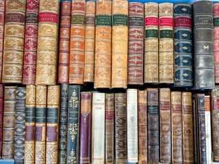 Antique Books on a wooden shelf. Old vintage books on wooden shelf. Tiled Bookshelf background. Concept on the theme of history, nostalgia, old age. Retro style. leather covered books