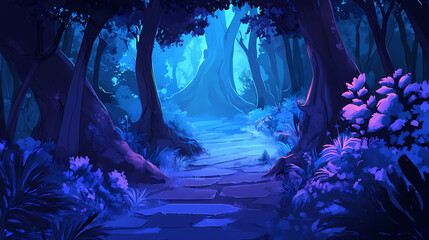 Mystical forest path: a journey into the unknown. Obscure. Illustration