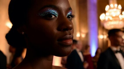A stunning Black woman highlights her makeup and poise at an upscale event in an elegant setting
