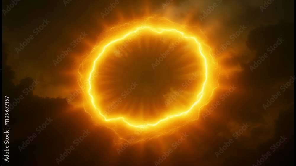 Poster yellow abstract plasma lightning ring with glowing particles swirling in dark sky fantasy concept ar