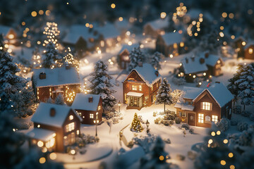 A picturesque winter village is aglow with warm lights on cozy homes surrounded by snow. Christmas trees adorn the yards, enhancing the festive atmosphere at night.