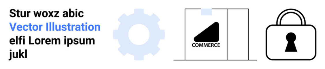Gear symbol, commerce package with COMMERCE text, and padlock icon under placeholder text. Ideal for e-commerce, security, packaging, logistics, management shipping retail. Landing page