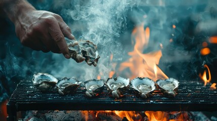 Grilling Fresh Oysters Over an Open Flame with Smoke and Fire Creating a Delicious Culinary Experience at a Summer Barbecue Gathering
